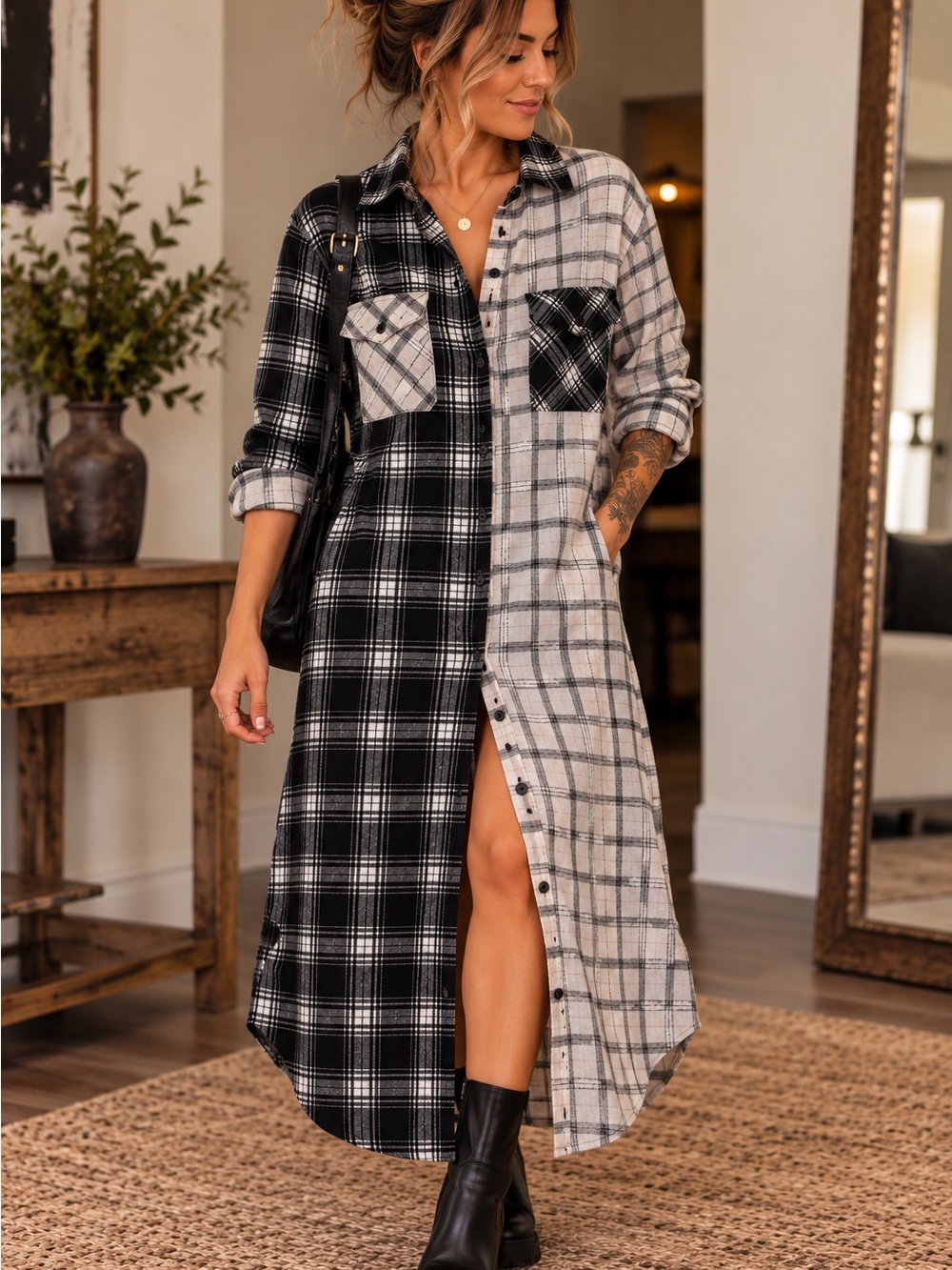 Steve Madden Plaid Colorblock Maxi Shirt Dress Black White Size S